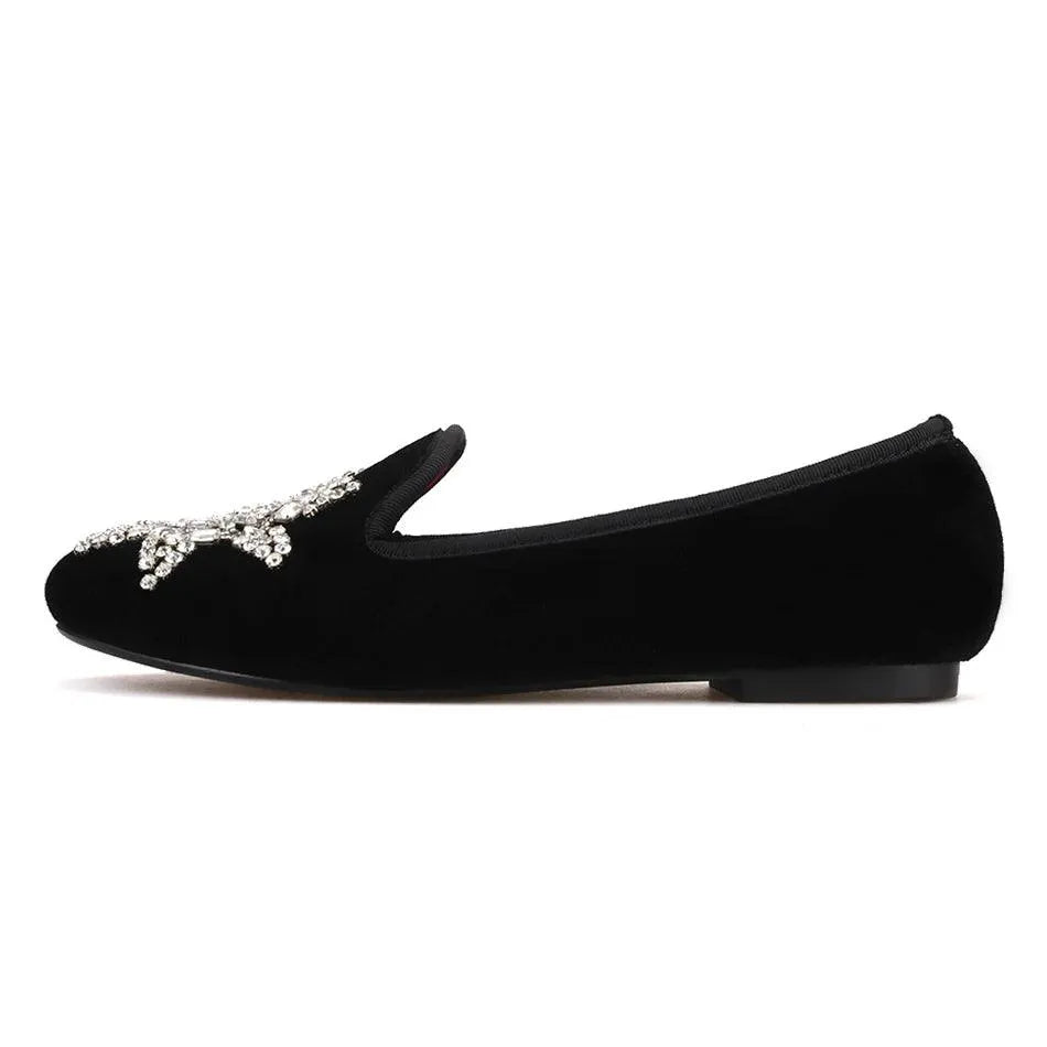 Velvet Rhinestone Women’s Loafers - Loafer Shoes - Guocali