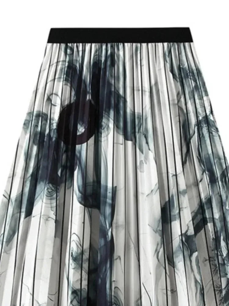 Vintage Pleated Ink Print Skirt for Women -Guocali