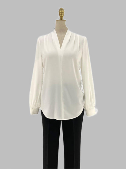 White Chiffon Women Blouse, V-neck - Blouse - Guocali