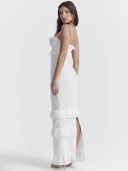 White Hook-and-Loop French Maxi Dress - French Dress - Guocali