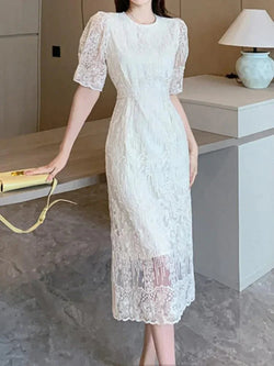 White O-Neck Lace Bubble Sleeve Dress - Guocali