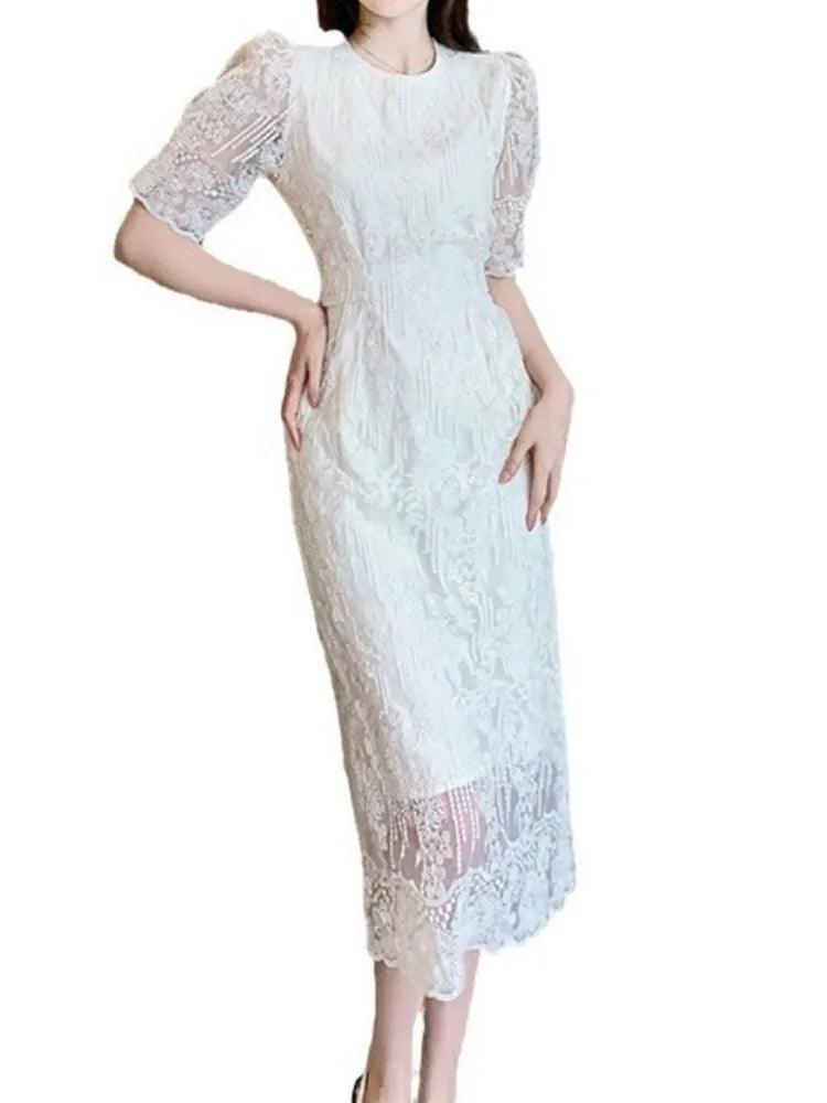 White O-Neck Lace Bubble Sleeve Dress - White Dress - Guocali