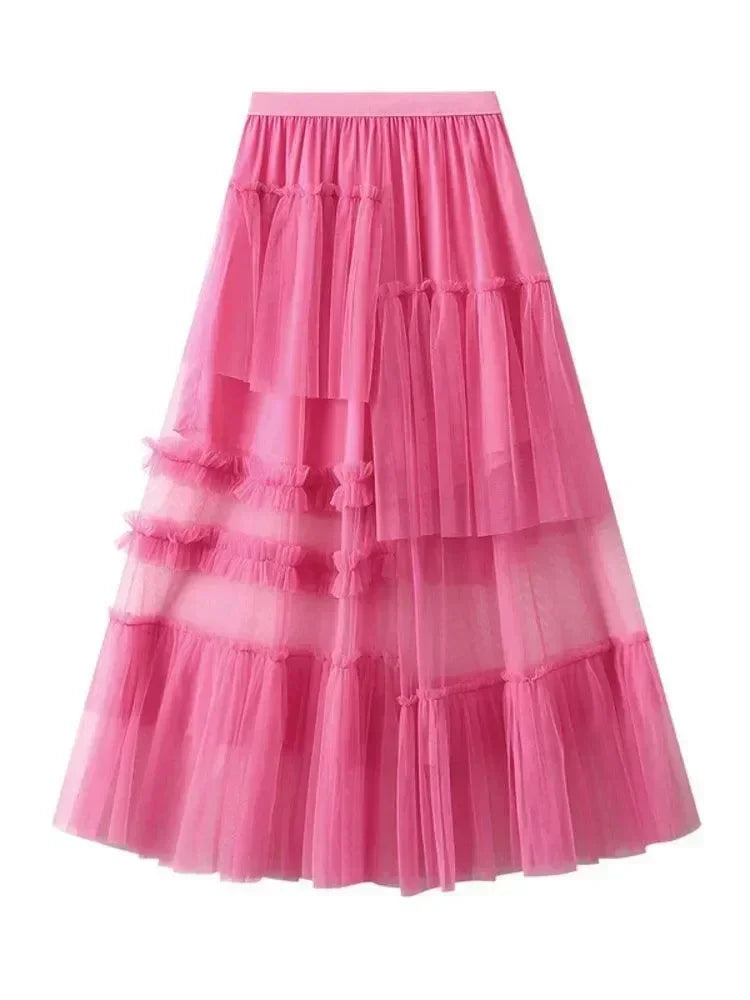 Women A-Line Skirt Asymmetric Mesh - High Waist Midi Women Skirt