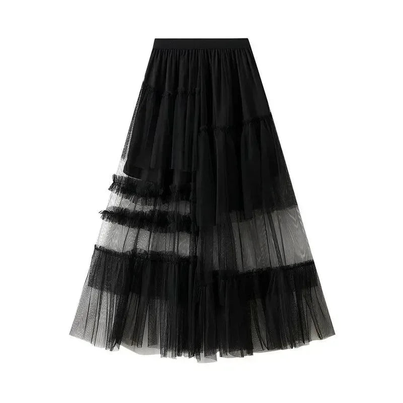 Women A-Line Skirt Asymmetric Mesh - High Waist Midi Women Skirt