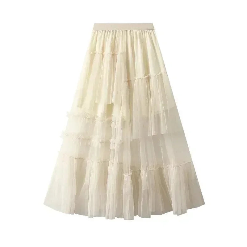 Women A-Line Skirt Asymmetric Mesh - High Waist Midi Women Skirt