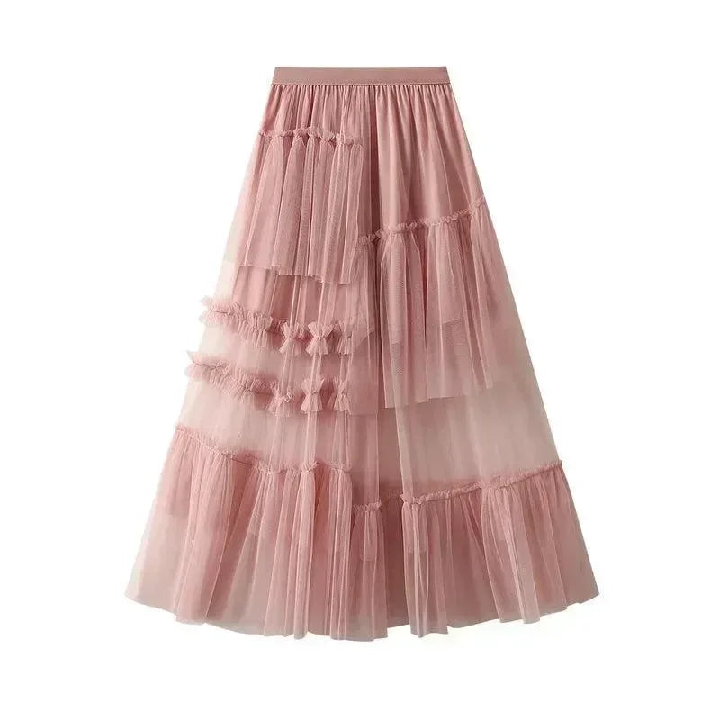 Women A-Line Skirt Asymmetric Mesh - High Waist Midi Women Skirt
