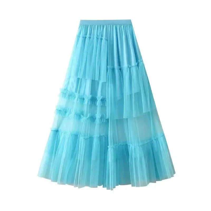 Women A-Line Skirt Asymmetric Mesh - High Waist Midi Women Skirt