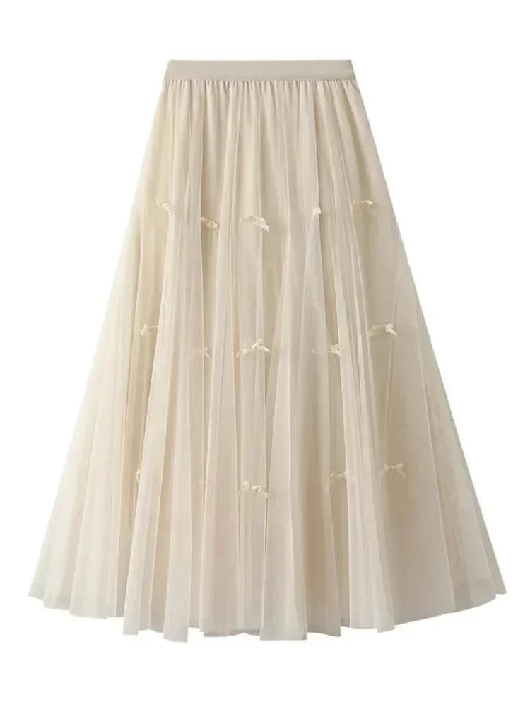 Women A-Line Skirt Bow Mesh - Elastic Midi Women Skirt