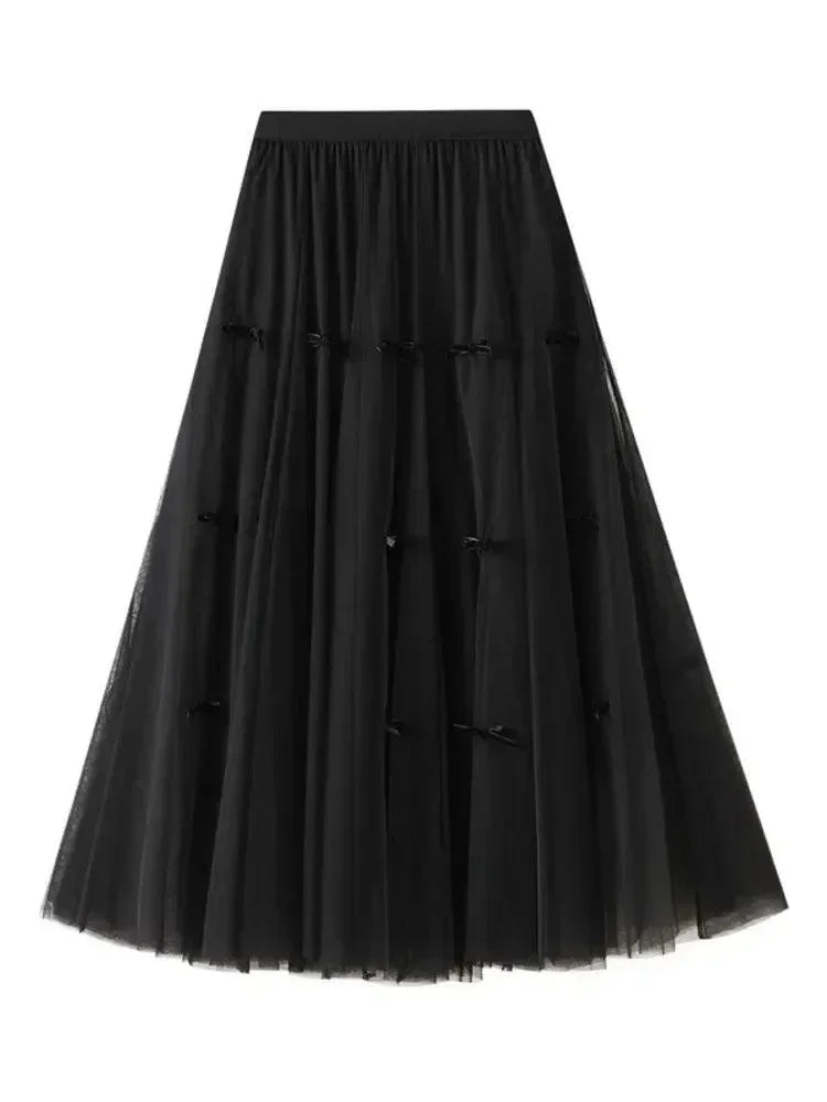 Women A-Line Skirt Bow Mesh - Elastic Midi Women Skirt