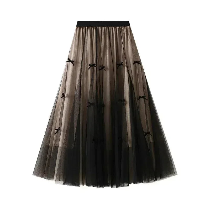 Women A-Line Skirt Bow Mesh - Elastic Midi Women Skirt