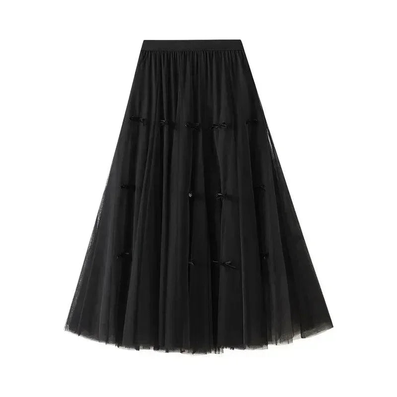 Women A-Line Skirt Bow Mesh - Elastic Midi Women Skirt