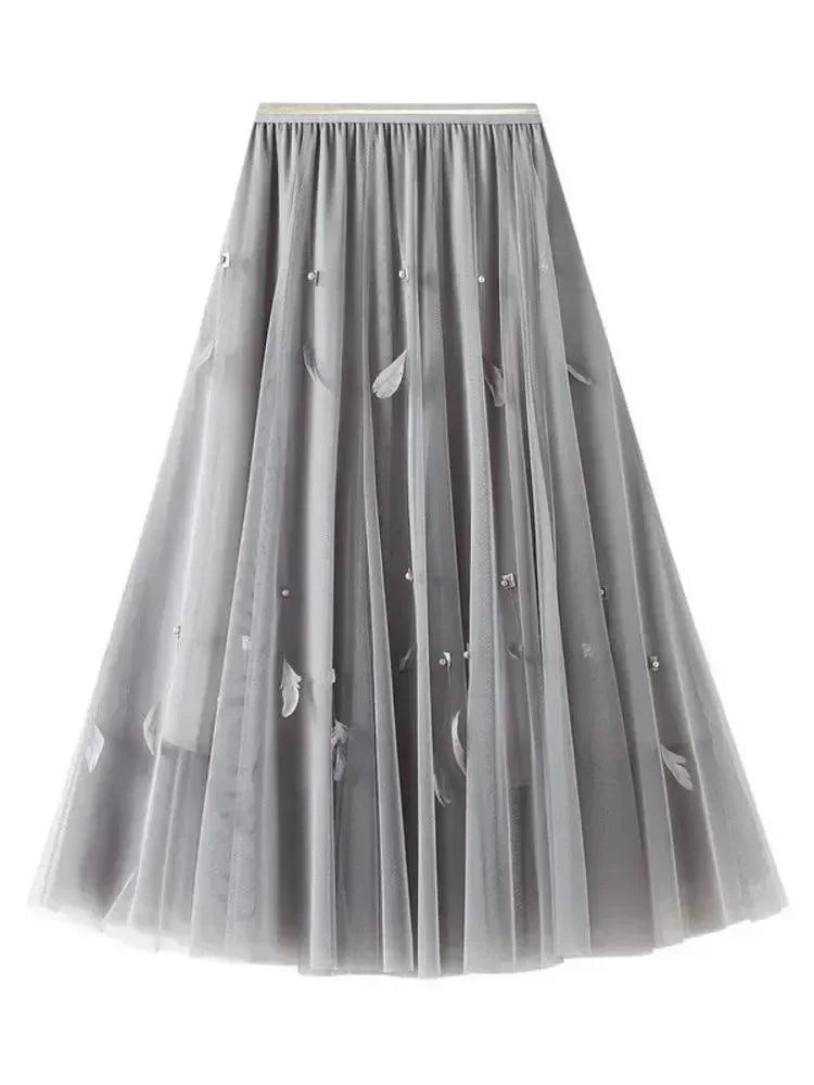 Women A-Line Skirt Feather Detail - High Waist Midi Women Skirt