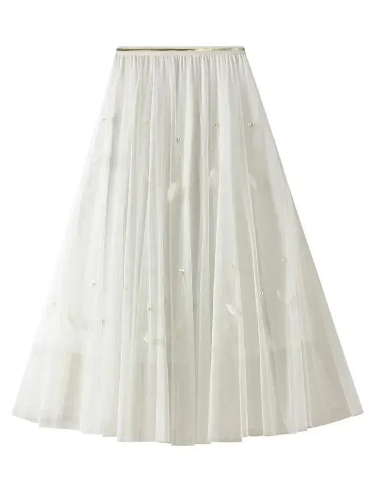 Women A-Line Skirt Feather Detail - High Waist Midi Women Skirt