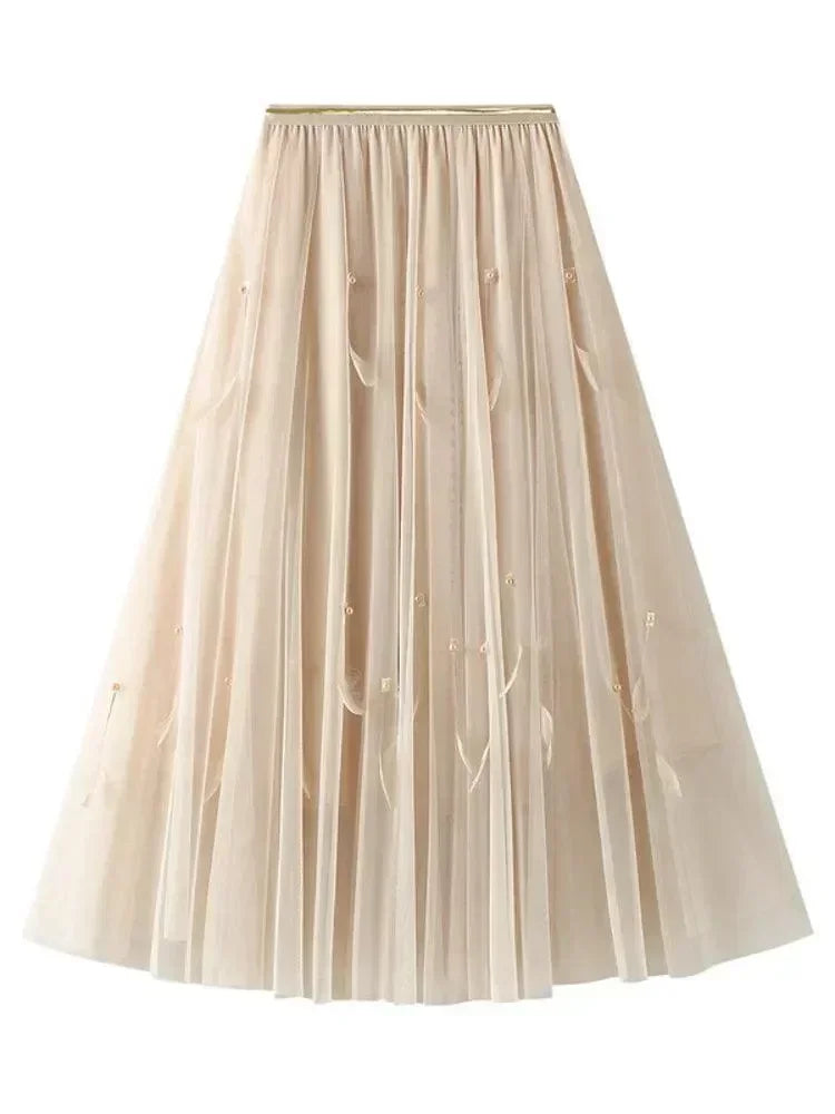 Women A-Line Skirt Feather Detail - High Waist Midi Women Skirt