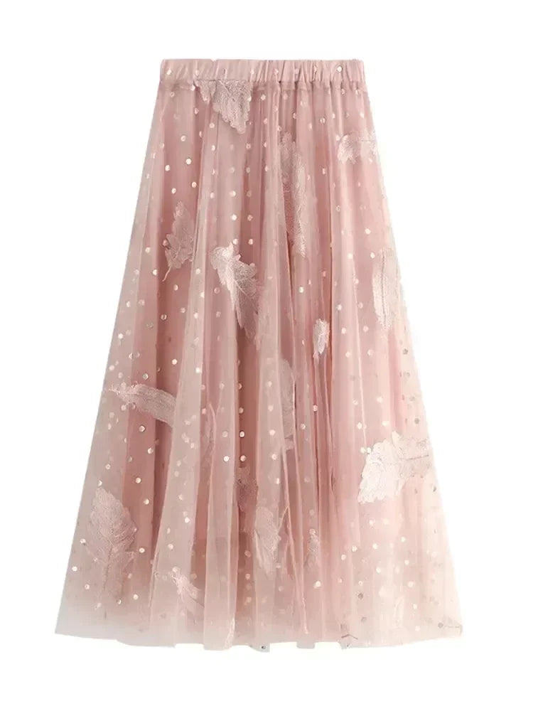 Women A-Line Skirt Feather Embroidery - High Waist Midi Women Skirt