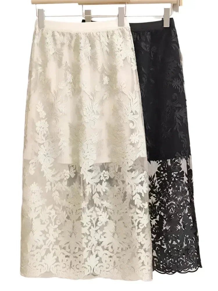 Women A-Line Skirt Lace Embroidered Midi - High Waist Women Skirt
