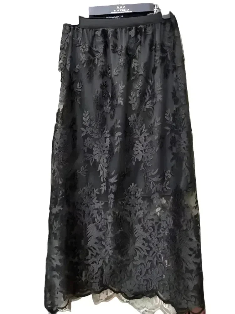 Women A-Line Skirt Lace Embroidered Midi - High Waist Women Skirt