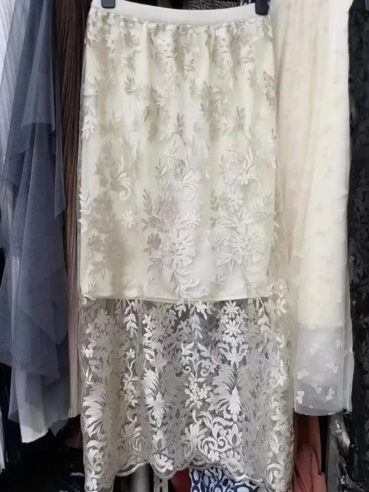 Women A-Line Skirt Lace Embroidered Midi - High Waist Women Skirt