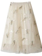 Women A-Line Skirt Mesh Embroidered - High Waist Midi Women Skirt