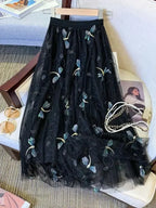 Women A-Line Skirt Mesh Embroidered - High Waist Midi Women Skirt