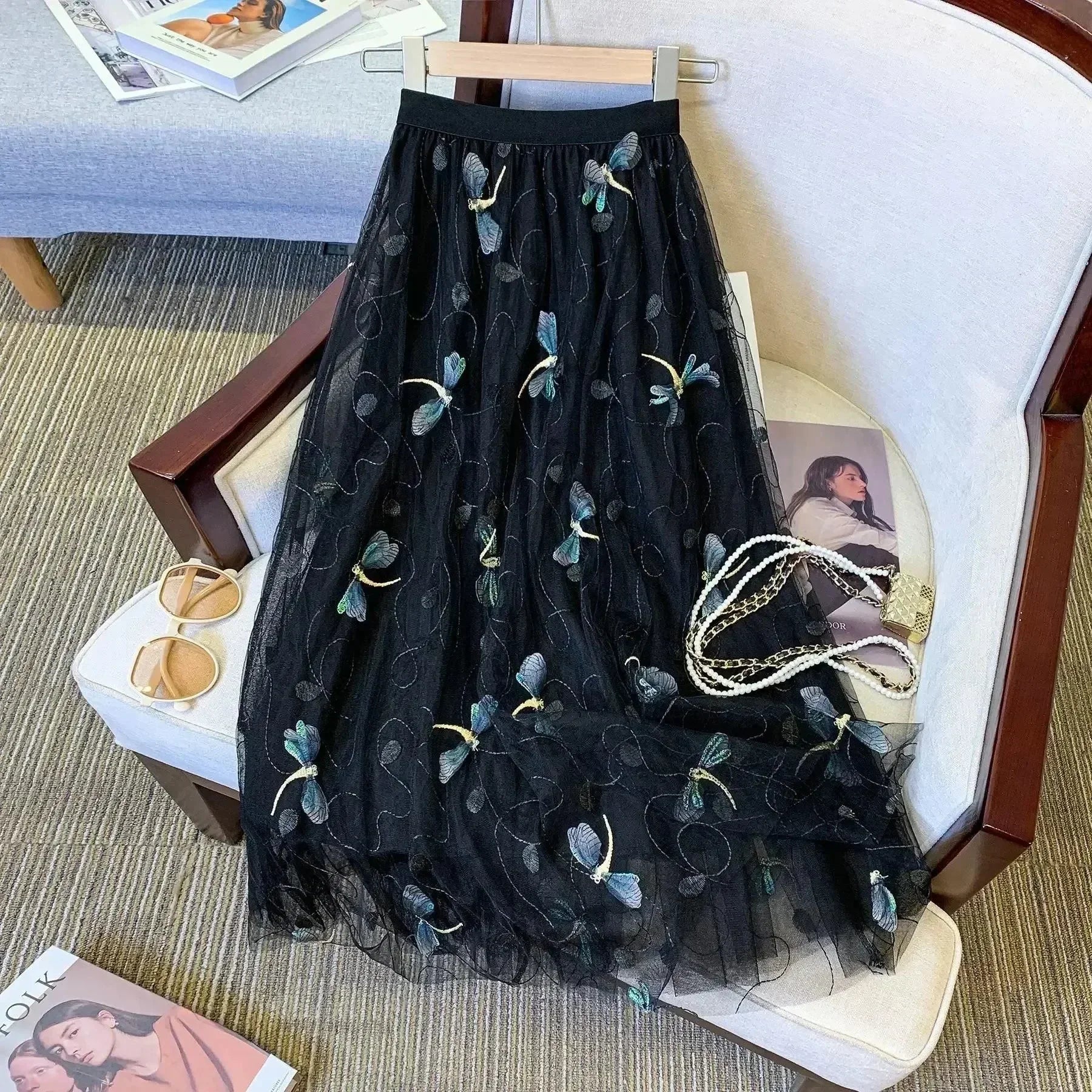 Women A-Line Skirt Mesh Embroidered - High Waist Midi Women Skirt