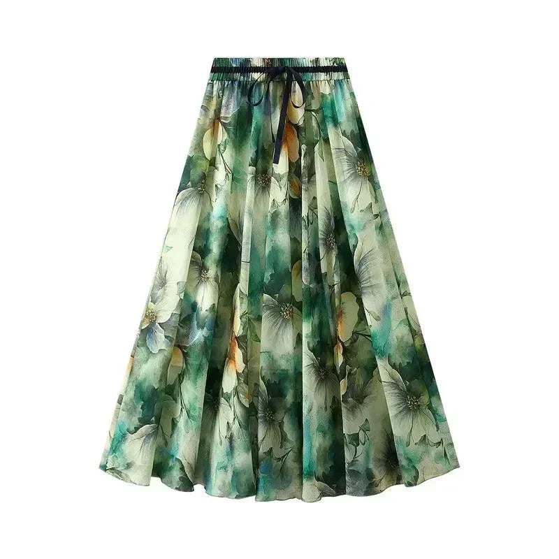 Women A-Line Skirt Print Lace-Up - Elastic Midi Women Skirt