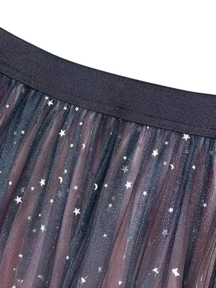 Women A-Line Skirt Sequin Tulle Gradient - High Waist Midi Women Skirt