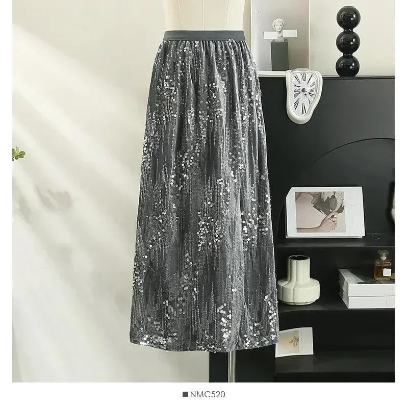 Women A-Line Skirt Sequined High Waist - Midi Women Skirt