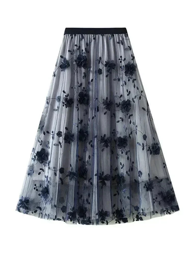 Women A-Line Skirt Vintage Embroidered - Mesh Midi Women Skirt