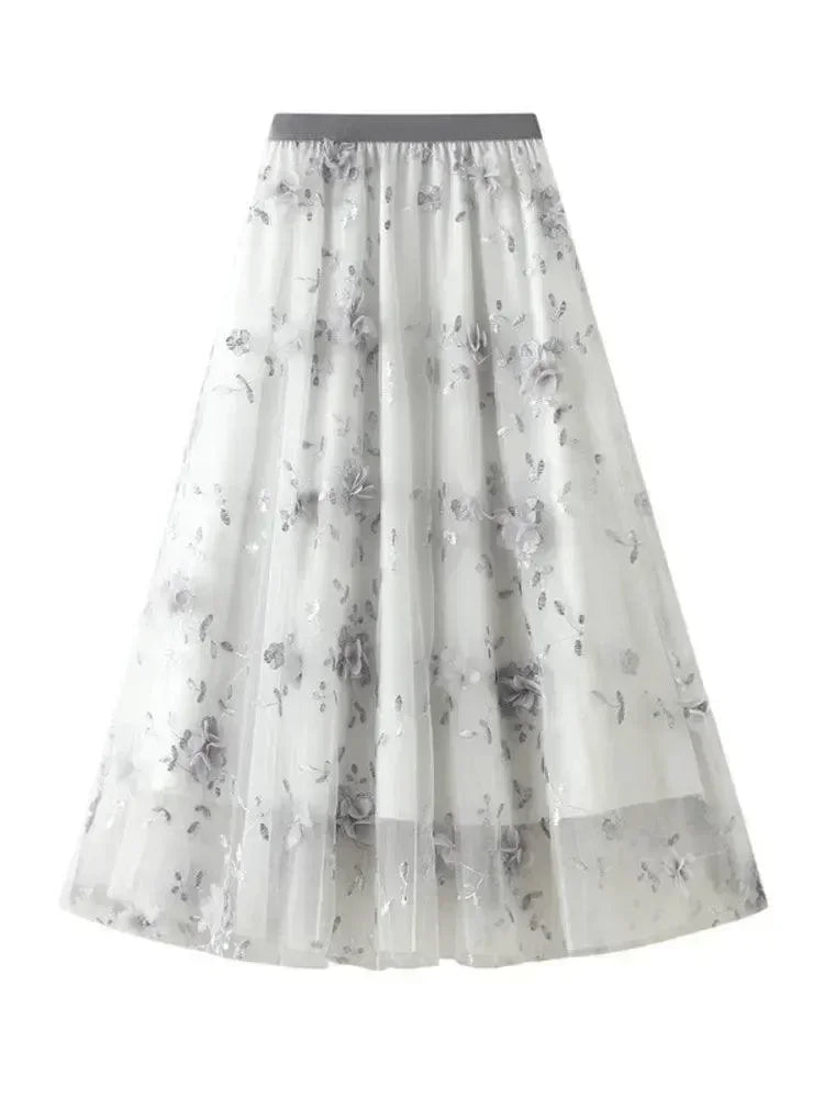 Women A-Line Skirt Vintage Embroidered - Mesh Midi Women Skirt