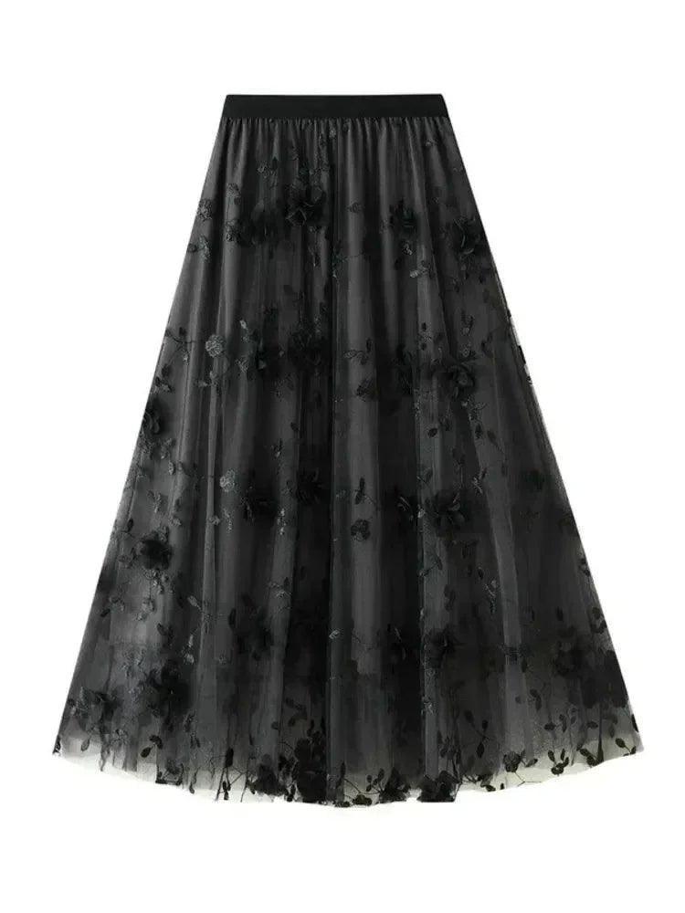 Women A-Line Skirt Vintage Embroidered - Mesh Midi Women Skirt