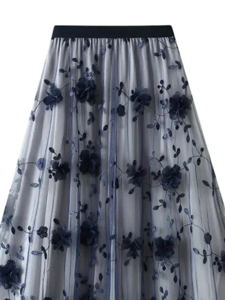 Women A-Line Skirt Vintage Embroidered - Mesh Midi Women Skirt