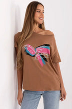 Women Boat-Neck Short-Sleeves T-Shirt – Stretchable - Brown -Guocali