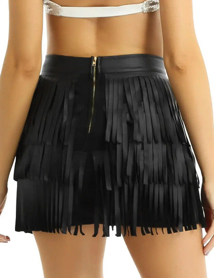 Women Leather Skirt - Layered Fringe Tassel Skirt - Mini Skirt - Guocali