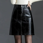 Women Mini Skirt Leather A-Line Pockets - High Waist Women Skirt
