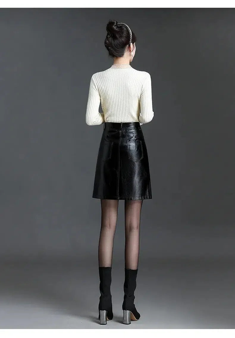 Women Mini Skirt Leather A-Line Pockets - High Waist Women Skirt