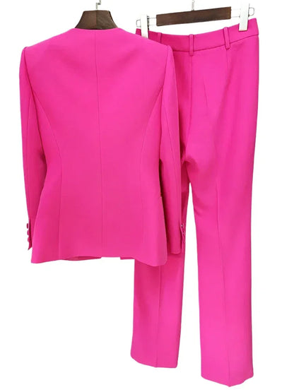 Women Pant Suit - Collarless Blazer - Slit Trouser Suit - Pantsuit - Guocali