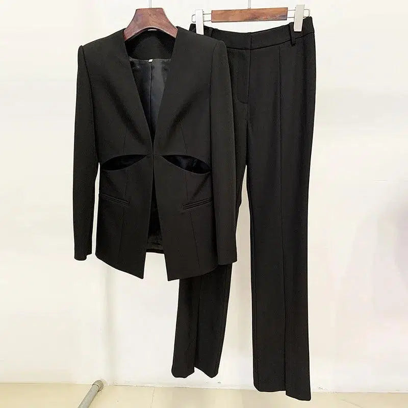 Women Pant Suit - Collarless Blazer - Slit Trouser Suit - Pantsuit - Guocali