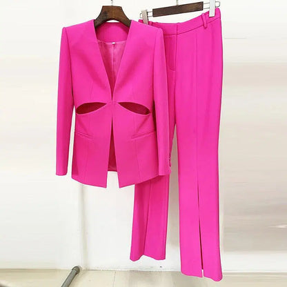 Women Pant Suit - Collarless Blazer - Slit Trouser Suit - Pantsuit - Guocali