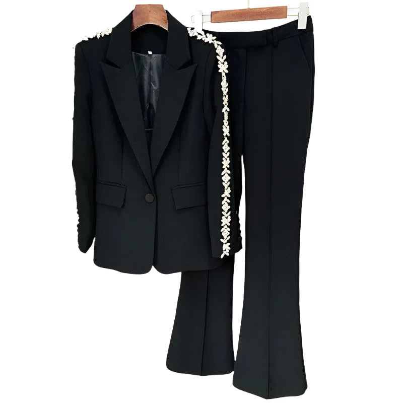 Women Pant Suit - Diamonds Beaded Blazer, Flare Trousers - Pantsuit - Guocali