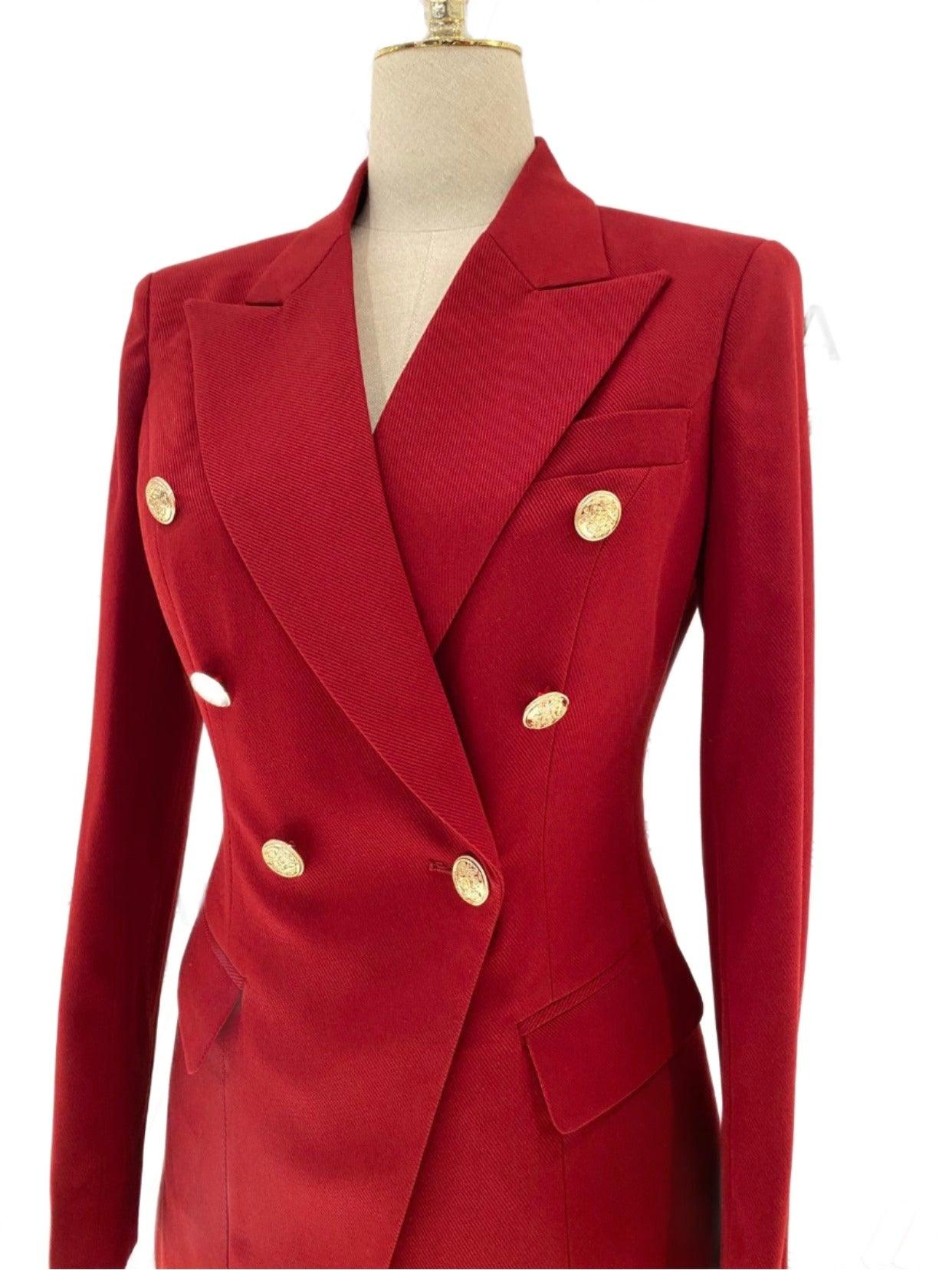 Women Pant Suit, Red Slim Fit Double Breasted Formal Pantsuit - Pantsuit - Guocali