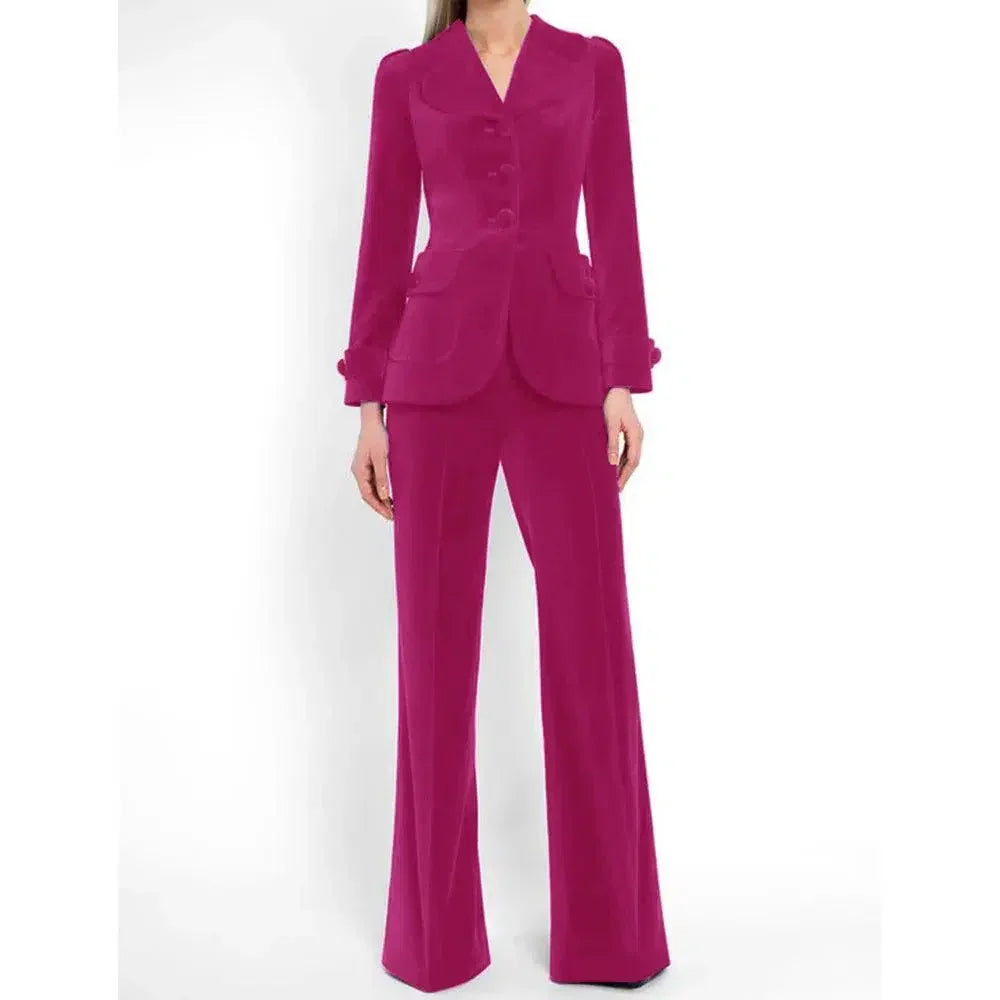 Elegant Women's Pant Suit - Solid Single-Breasted