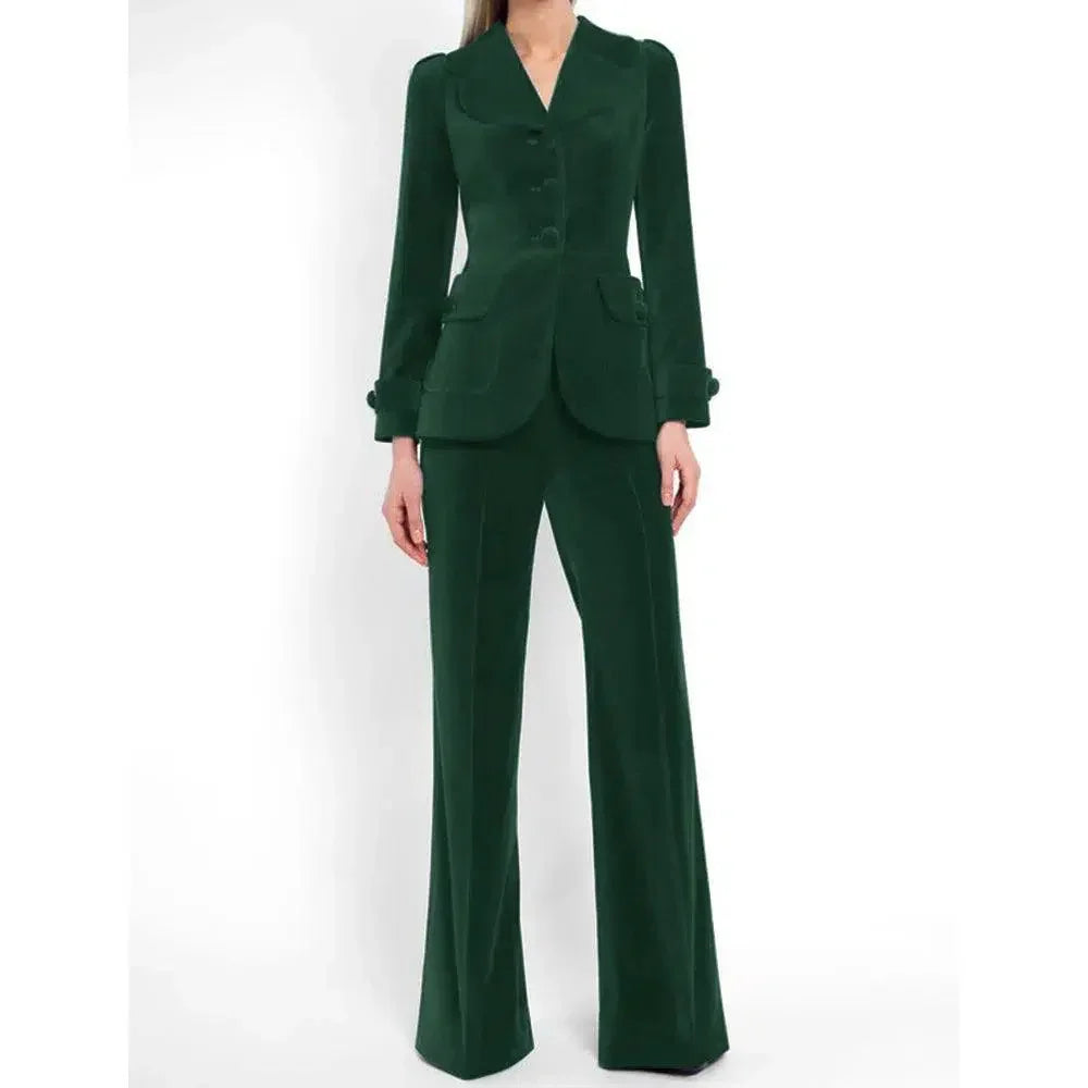 Elegant Women's Pant Suit - Solid Single-Breasted