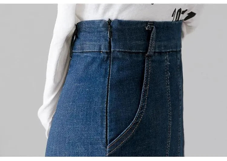 Women Pencil Skirt Denim Knee-Length Pockets - High Waist Women Skirt