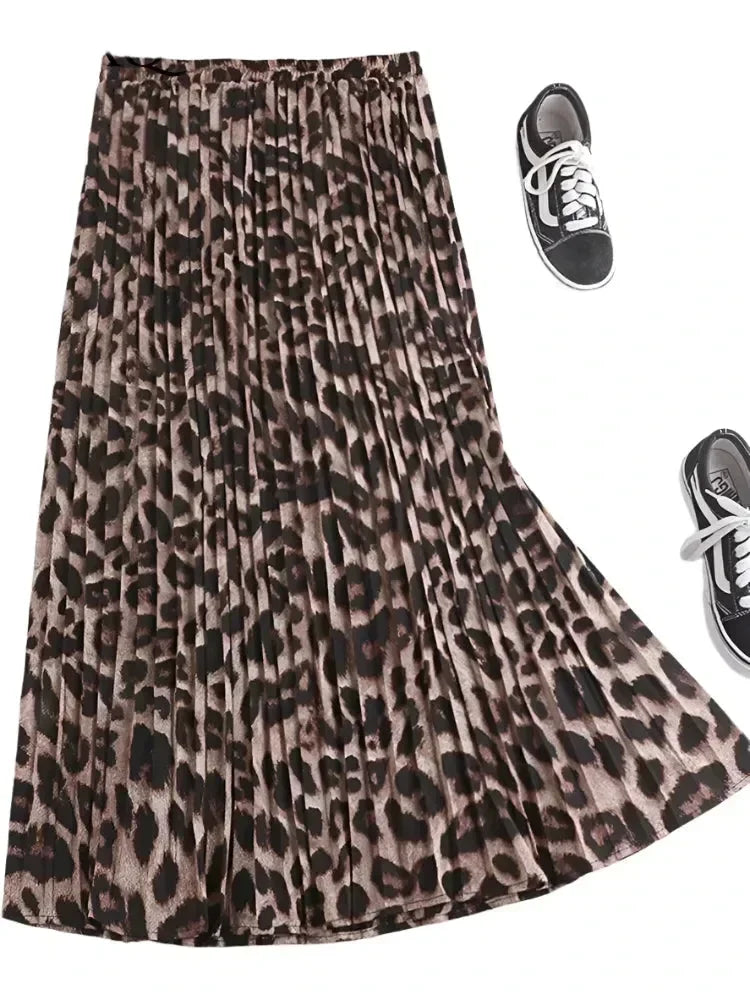 Women Pleated Skirt Animal Print - High Waist Midi Women Skirt
