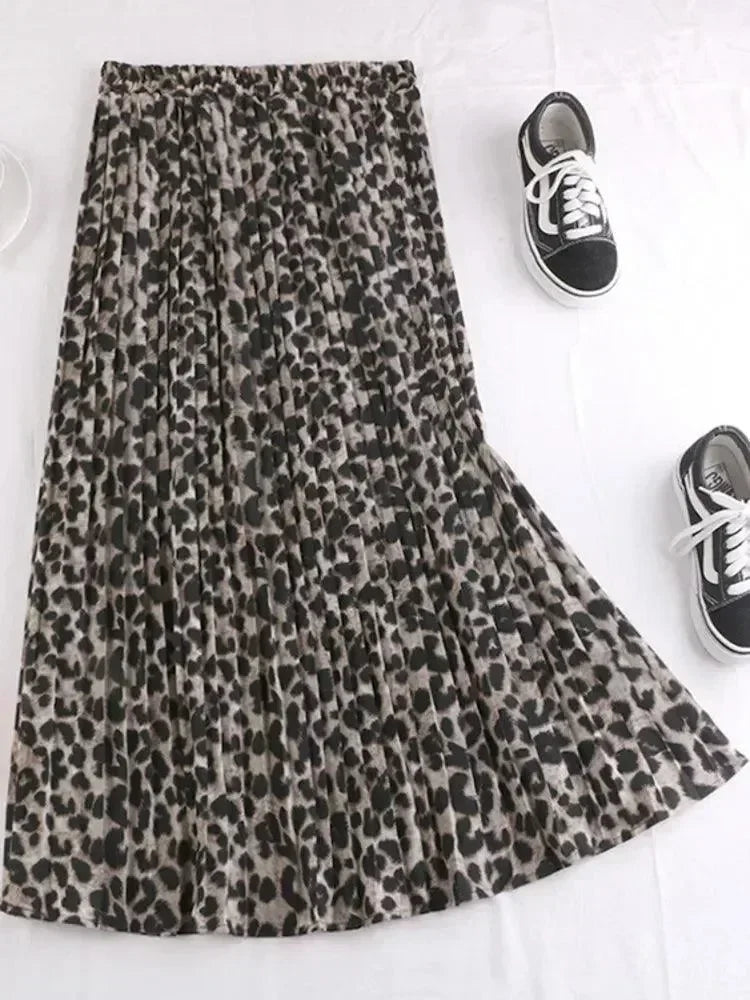 Women Pleated Skirt Animal Print - High Waist Midi Women Skirt