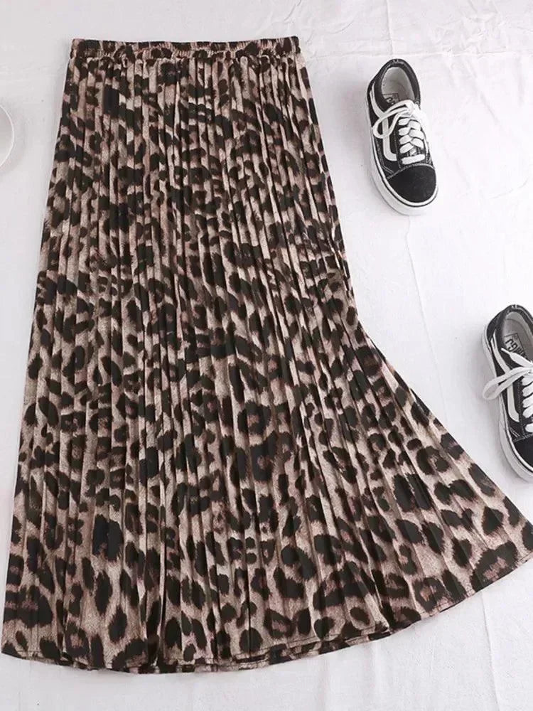 Women Pleated Skirt Animal Print - High Waist Midi Women Skirt