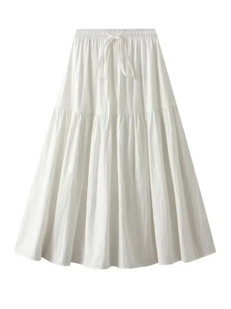 Women Pleated Skirt Lace-Up Elastic - High Waist Midi Women Skirt