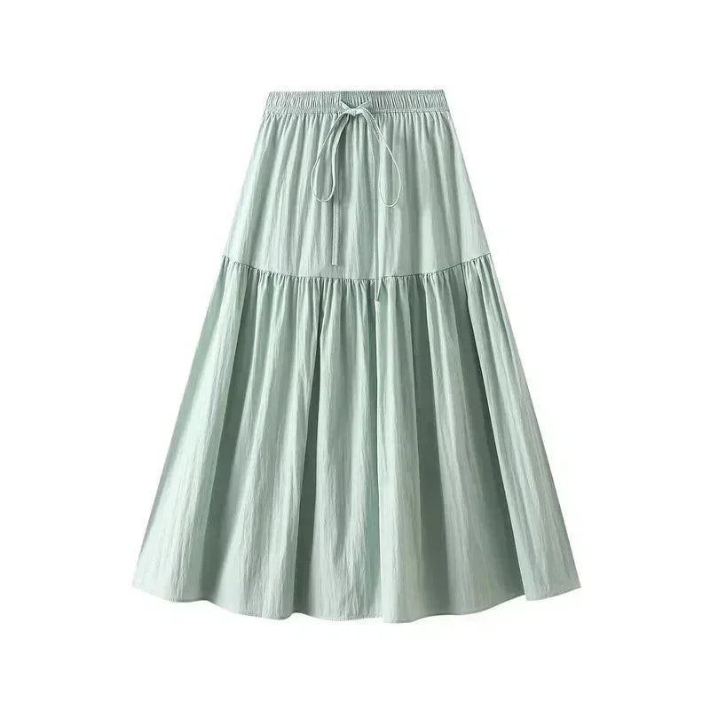 Women Pleated Skirt Lace-Up Elastic - High Waist Midi Women Skirt