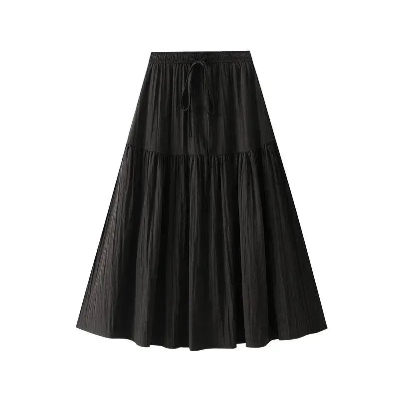 Women Pleated Skirt Lace-Up Elastic - High Waist Midi Women Skirt